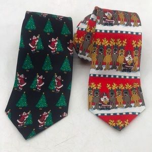 Vintage Christmas Holiday Santa Reindeer Football Sports Silk Set Of Two Ties